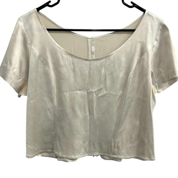 Satin Cropped Short Sleeve Size S Blouse Side Zip Cream Top Elegant Minimalist - Picture 1 of 8
